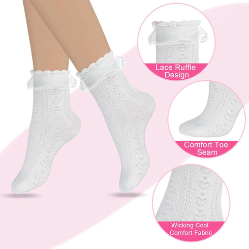 2 Pairs Women Frilly Socks Women's Lace Ruffle Ankle Socks White Lace Ankle Socks Princess Style Dress Socks for Women Girls...
