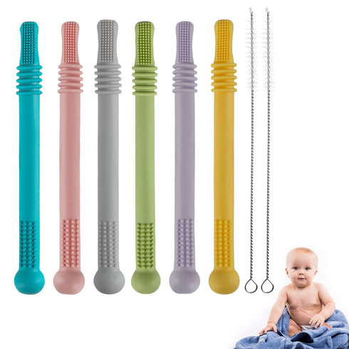 Hollow Teether Tubes, 6 Pack Chew Straw Toy for Infant Toddlers Silicone Teething Toys for Babies, 0-6 Months 6-12 Months BPA Free/Freezable/Dishw...