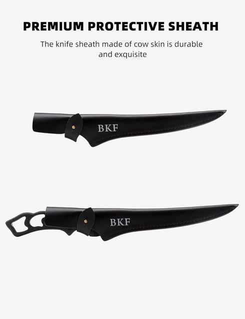 BKF Pro 7" Fillet Knife Fishing Knife Stainless-Steel Blade for Filleting and Boning with Sheepskin Protective Sheath, Fishing Gear and Equipment,...