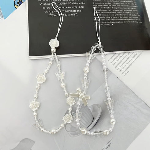 White Mobile Phone Lanyard Universal Phone Chain Black Bow White Pearl Beaded Phone Lanyard Wrist Strap Anti Lost Phone Charm Strap Fashion Phone ...