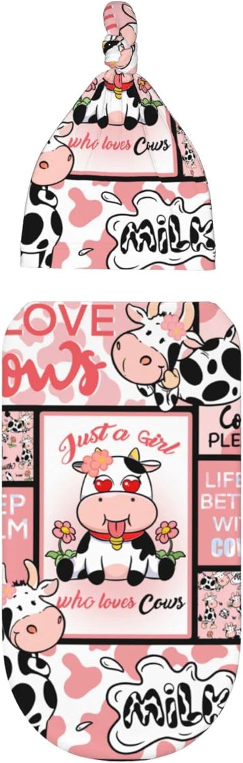 Who Love Cows Newborn Swaddle Blankets with Hat Sets,Newborn Receiving Blanket for Boy Girl,Swaddle Sack Shower One Size...