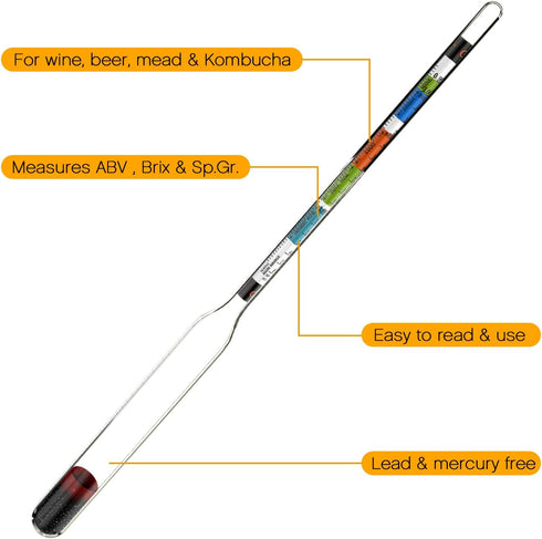 Triple Scale Alcohol Hydrometer Test Kit for Home Brew Beer, Wine, Mead, Cider with Specific Gravity Test Kit, 250ml Plastic Test Jar, Cleaning Br...