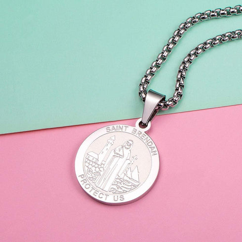 Saint Brendan Necklace - 1" Stainless Steel Catholic St. Brendan Medal Pendant with 24" Chain...