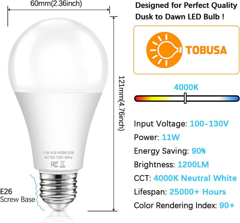 TOBUSA Dusk to Dawn Sensor Light Bulb Outdoor, A19 LED Bulbs Auto On OFF 100 watt Equivalent, E26 Sensor Bulbs Neutral White 4000K, 11W 1200lm Sma...