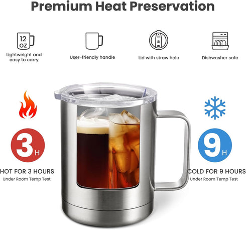 MEWAY 12oz Coffee Mug With Handle,Stainless Steel Insulated Travel Tumblers With Sliding Lid,Double Wall Vacuum Camping Cup for Hot & Cold Drinks ...