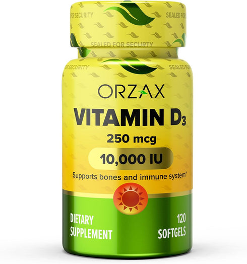 ORZAX Vitamin D3 10000 iu (250 mcg) - 1 Year Supply for Strong Muscle Function & Immune Support - Mood Supplement for Wellness (120 Softgel)...
