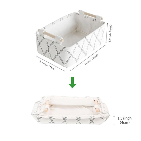 Decorative Collapsible Rectangular Fabric Storage Bin Organizer Basket with Wooden Handles for Clothes Storage, 11"×7.1"×3.9", White...