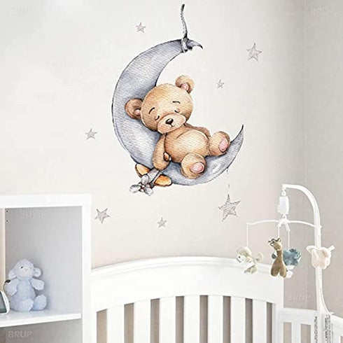 Teddy Bear Sleeping on The Moon and Stars Wall Stickers for Kids Baby Room Interior Decoration Wall Decals (Teddy Bear)...