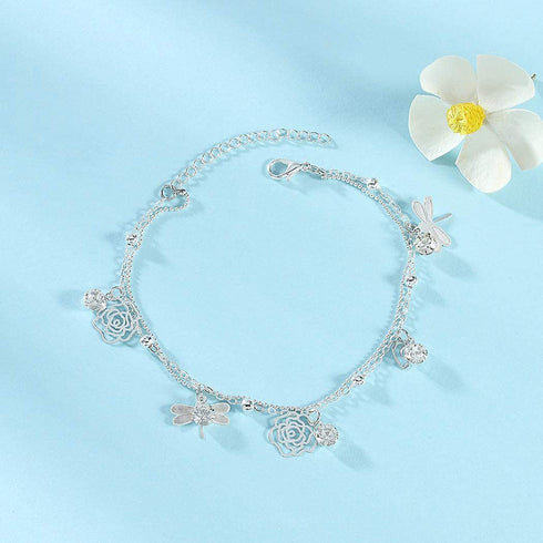 Dreamyn Boho Anklets Crystal Ankle Bracelets Flower Barefoot Foot Chain Dragonfly Anklet for Women and Girls (silver)...