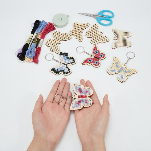 FREEBLOSS 16 Set Wooden Cross Stitch Kits DIY Keychain Wooden Embroidery Set Butterfly Wooden Threading Kit with Instruction Sewing Kits for Ages ...