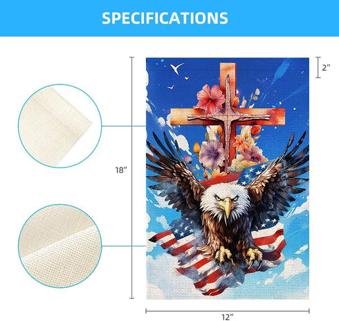 4th of July Patriotic Garden Flag Cross and Eagle Double Sided American Flag Memorial Independence Day Outside Small Yard Decoration (12 x 18 Inch...