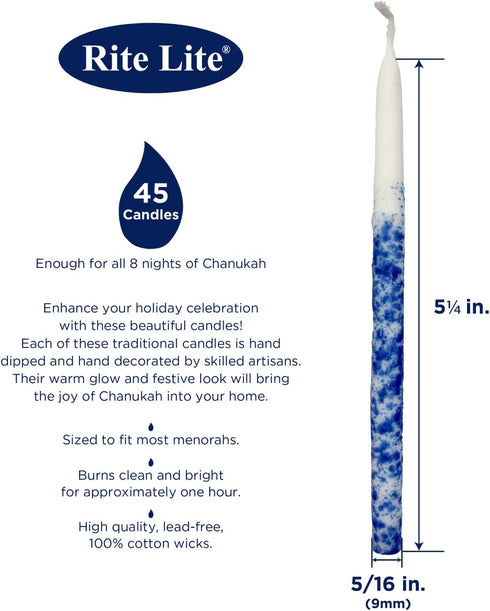 Rite Lite Premium, Pack of 45 Chanukah Candles, Splash Blue and White, For your Hanukkah Menorah...