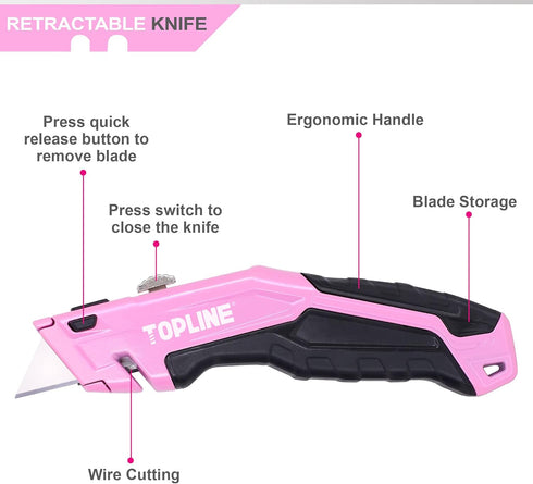 TOPLINE Retractable Pink Utility Knife, Retractable Pink Box Cutter, Blade Storage Design, 18-Piece SK5 Blades and a Dispenser Included (1 PACK(PI...