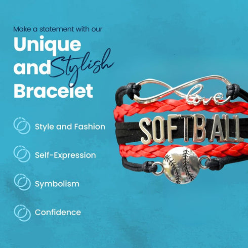 Softball Charm Bracelet (Black/Red) Bracelets, Adjustable Bracelet with Softball Charm. Braided Bracelets for Softball Players, Softball Team, and...