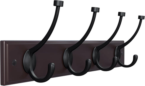 SONGMICS Wooden Wall Mounted Coat Rack 16 Inch Rail with 4 Metal Hooks for Entryway Bathroom Closet Room Dark Brown...