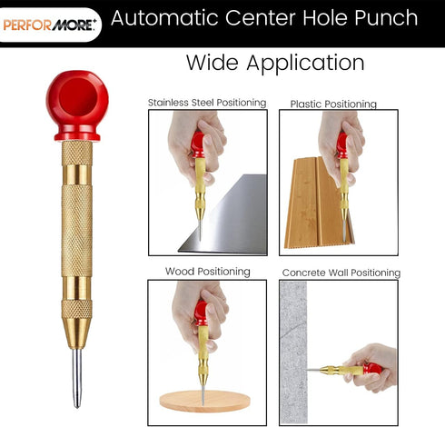 Performore Automatic Center Hole Punch With Hardened Steel, Includes Two Replacement Tips Adjustable Spring Metal Drill Tool with Cushion Cap, Han...