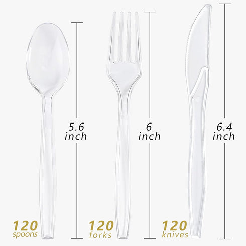 360 Count Extra Heavy Duty Clear Plastic Silverware,120 Forks,120 Spoons,120 Knives,BPA-Free,Heat Resistant,Disposable Plastic Utensils Set for Ho...