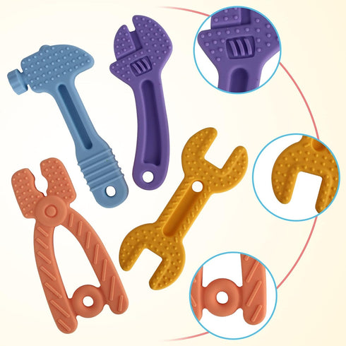 Fu Store 4 Pack Soft Silicone Teething Toys for Toddlers Infant Tools Shape Baby Teethers Relief Soothe Babies Gums Set (8 Pack Hammer Set)...