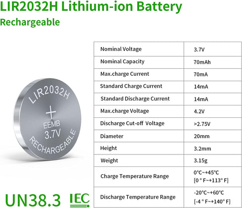 EEMB 3.7V Rechargeable 2032H Batteries LIR2032H Lithium-ion Coin Cell Button Batteries 70mAh for Car Remote Key Fob Watch - 4PACK...