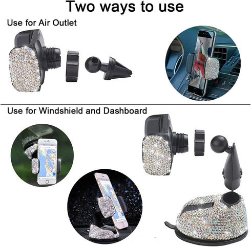 SUNCARACCL Bling Car Phone Holder, 360°Adjustable Universal Rhinestone Crystal Auto Phone Mount Stand Accessories for Windshield Dashboard and Air...