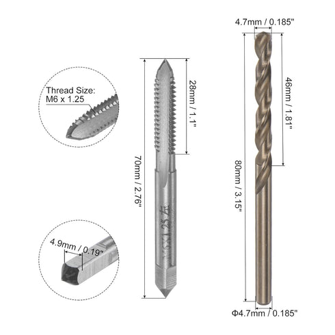 uxcell Tap & Bit Sets, M6 x 1.25 H2 Left Hand Straight Flute Machine Thread Milling Tap, 4.7mm M35 Cobalt High Speed Steel (HSS-CO) Twist Drill Bi...
