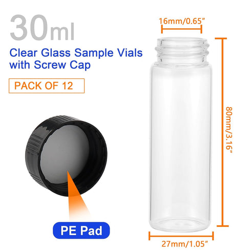 12 Pack of 3 inches, 30 ML, Clear Glass Bottles Storage Container Sample Cosmetic Vials with Black Screw Caps...