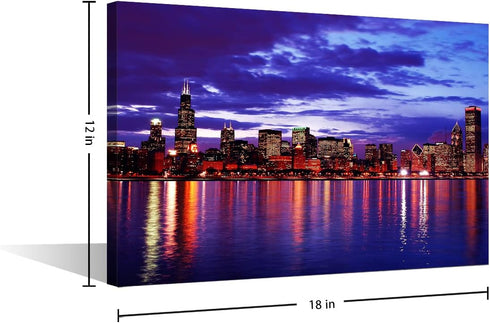 Chicago Cityscape at Night Wall Art Painting on Canvas Michigan Lake Bedroom Wall Art Modern Urban Building Panorama House Decorations for Living ...