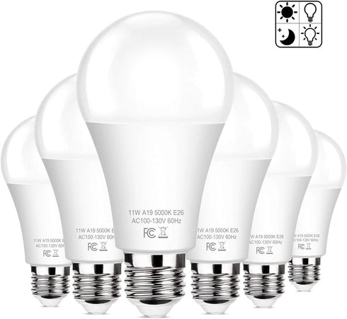 6-Pack Dusk to Dawn LED Light Bulbs, A19 11W(100Watt Equivalent), E26 Basic Automatic On/Off, 1200LM, Daylight White 5000K Smart Sensor Lights, Ou...