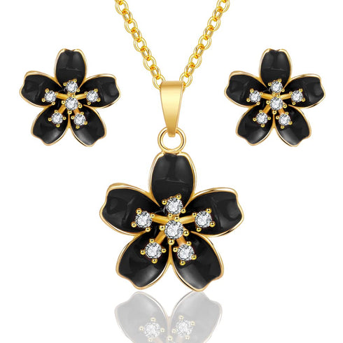EVEVIC Cherry Blossom Flower Necklace Earrings Set for Women 18K Gold Plated Hypoallergenic Jewelry Sets (Black)...