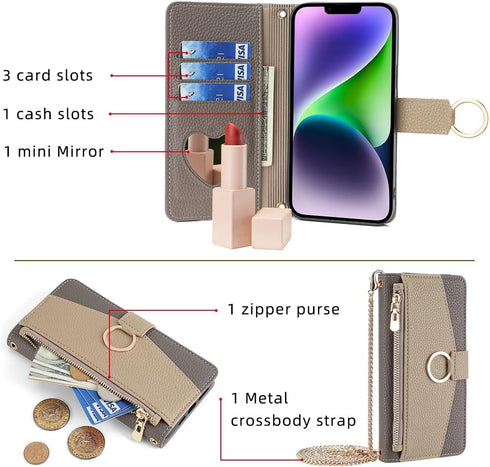 Asuwish Phone Case for iPhone 14 Plus 6.7 inch Wallet Cover with Screen Protector and Mirror Flip Cover Ring Card Holder Crossbody Strap Cell i-Ph...