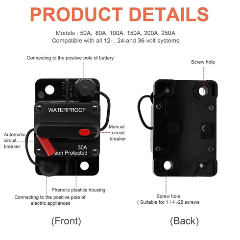 50 Amp Circuit Breaker with Manual Reset for Car Marine Trolling Motors Boat ATV Manual Power Protect for Audio System Fuse, 12V-48VDC, Waterproof...