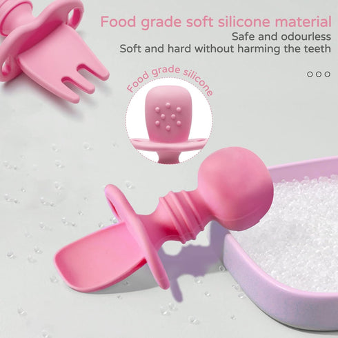 Silikong Silicone Utensils, Baby Fork and Spoon Set, Training Utensils, Baby Led Weaning Stage 1 for Ages 6 Months (Pink)...