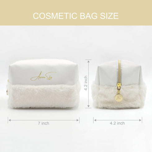 Fluffy Bottom Makeup Bag Organizer – Portable Toiletry Travel Case – Cute Cosmetic Bag for Woman & Girls – Waterproof Soft Vegan Leather Pouch – M...