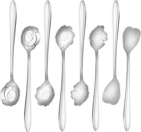 8 Pcs Flower Dessert Spoons, Coffee Teaspoon Set Stainless Steel Tableware Sugar Spoon Small Tea Spoons Cafe Bar Spoon Cute Coffee Teaspoon Mini T...
