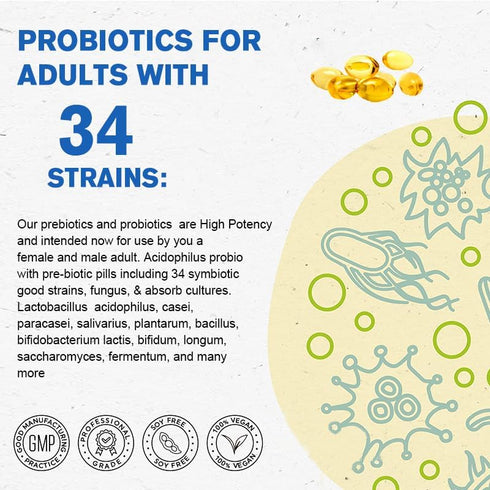 Probiotics 100 Billion CFU - 34 Strains + Organic Prebiotics Complex + Digestive Enzyme Complex + Fruit & Veggie Complex, Ultimate Gut Health Supp...