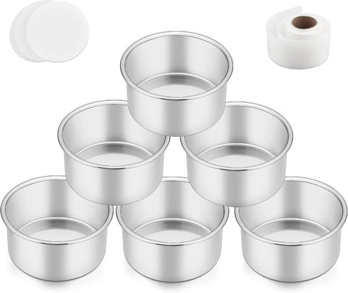 TeamFar 4 Inch Cake Pans, 6 PCS Stainless Steel Small Round Cake Pan with Side Liner Roll, Non-Toxic & Sturdy, Non-Stick & Heat-Resistant, Dishwas...