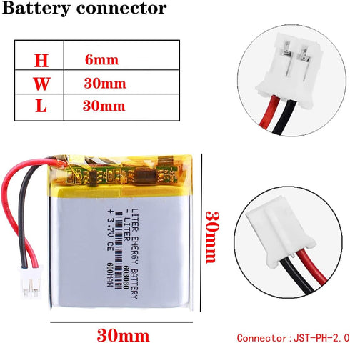 Liter Energy Battery 3.7V Lipo Battery 600mAh Rechargeable Lithium ion Polymer Battery 603030 Lithium Polymer ion Battery with JST Connector...