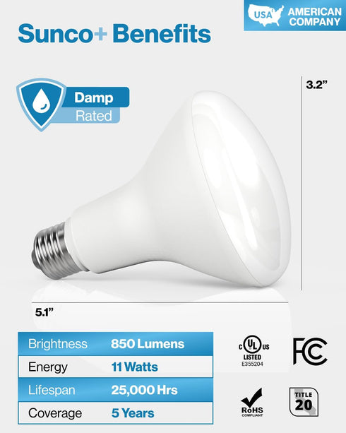 Sunco 12 Pack BR30 LED Bulb, Indoor Flood Lights CRI93 11W Equivalent 65W 5000K Daylight 850 Lumen, E26 Base, 25000 Lifetime Hours Interior Home D...