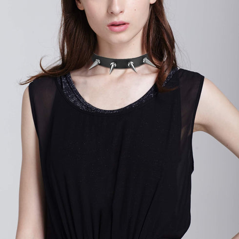 Flongo Gothic Black Rivet Leather Spiked Necklace Neckband Choker, Unisex Spike Studded Punk Rock Biker Wide Strap Leather Collar Necklace, Rivets...