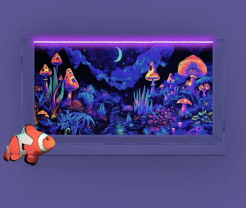 36X24IN Blacklight Mushroom Flower Black Light Aquarium Background, UV Fish Tank Background Moonlight Mountain Forest Landscape Terrarium Backgrou...