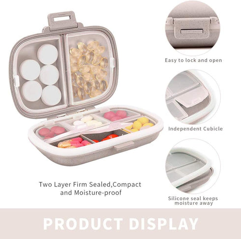 Travel Pill Organizer, Portable 8 Compartments Small Pill Case Daily Pill Box to Hold Vitamins, Cod Liver Oil, Medicine for Pocket Purse (Beige)...