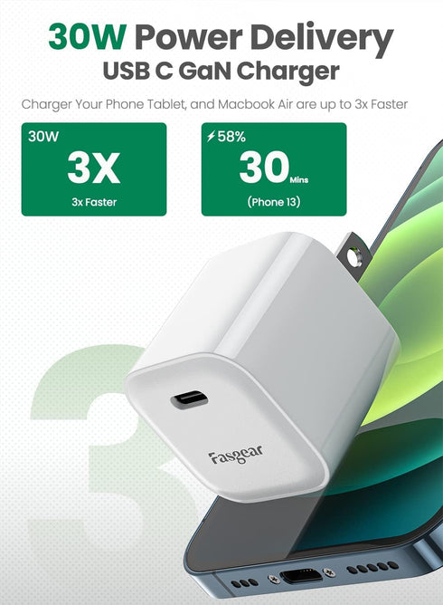 USB C GaN Charger Fasgear 30W Fast Charging Block Portable Power Adapter Power Brick Compatible for iPhone 14 Pro Max/13 Pro/12/SE Mac Book Air iP...