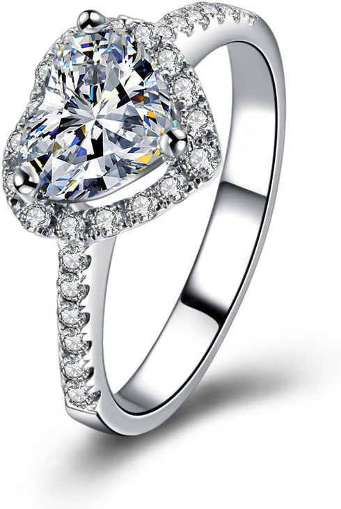 Sdouefos Rhodium Plated Sterling Silver Heart Shaped Cubic Zirconia CZ Halo Engagement Wedding Insert Ring Promise Rings for Her (6)...