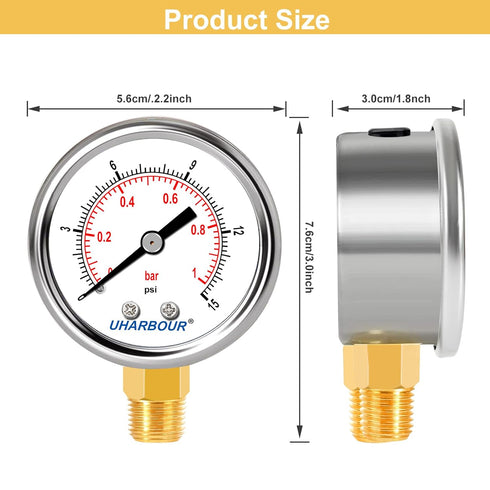 Lead-Free Water Pressure Gauge Liquid Filled 0-15Psi 2" Dial, Stainless Steel Case, 1/4" NPT Lower Mount, Water Pressure Gauge for Home...