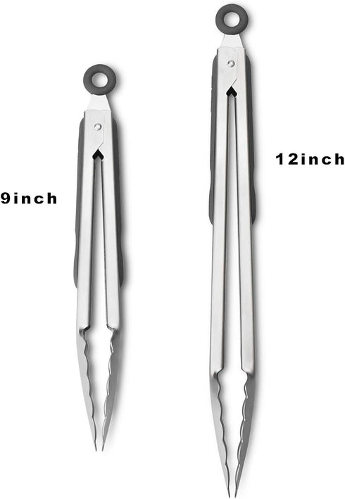 304 Stainless Steel Kitchen Cooking Tongs, 9" and 12" Set of 2 Sturdy Grilling Barbeque Brushed Locking Food Tongs with Ergonomic Grip, Grey...