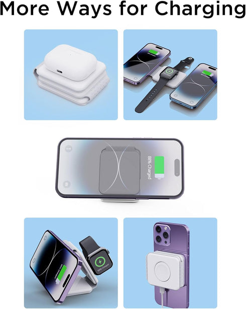 3 in 1 Charging Station for Apple Devices, Compatible with MagSafe Wireless Charger Pad for iPhone 15/14/13/12 Series, Travel Wireless Charger for...