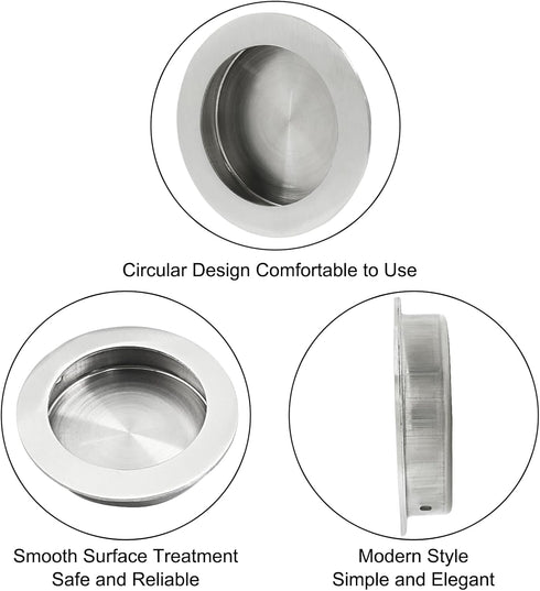 2 Pcs Round Recessed Flush Pocket Door Pull, 304 Stainless Steel Brushed Nickel Sliding Door Handles for Kitchen Bedroom, 70mm Outer Diameter...