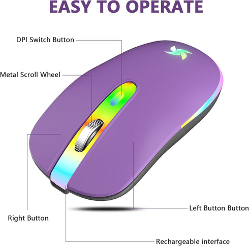 HZD LED Wireless Mouse, Slim Silent Rechargeable Mouse, 2.4G Portable USB Optical Mouse with Type C Adapter, 3 Adjustable DPI Levels 1600/1200/800...