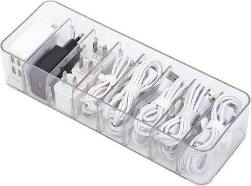 Yesesion Clear Plastic Cable Organizer Box with Adjustment Compartments, Desk Accessories Storage Case with 10 Wire Ties for Drawer, Office Suppli...