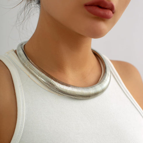Women's Chunky Striped Flat Snake Collar Necklace Exaggerated Heavy Metal Twisted Torques Necklace...